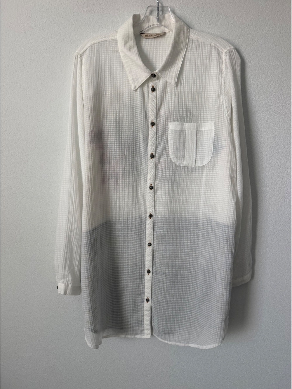 Soft Surroundings Button Up Semi-sheer Mixed Media Floral Back Shirt Size L